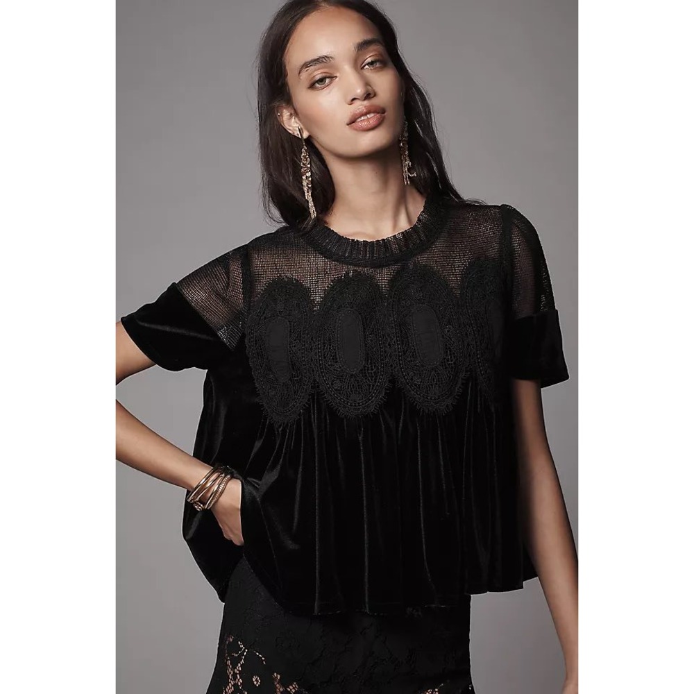 Anthropologie Maeve Black Velvet Mesh Lace Babydoll Top Small NWT